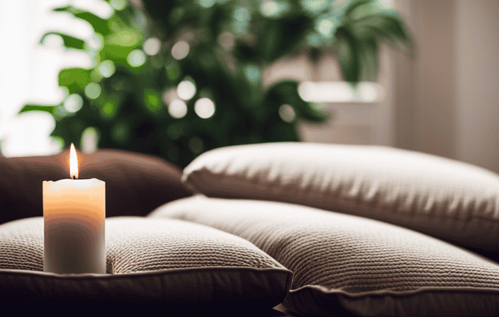 An image showcasing a serene meditation space adorned with soft, earth-toned cushions, flickering candles, a lush indoor plant, and a large window that filters calming natural light into the room