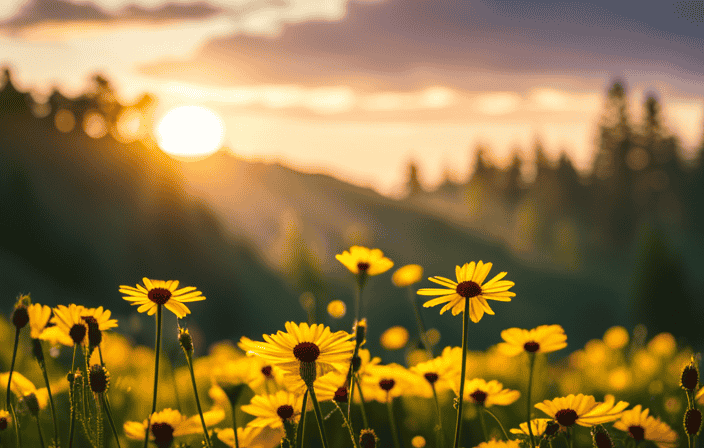An image showcasing a serene, sun-kissed meadow, bathed in the gentle glow of a radiant yellow sunset