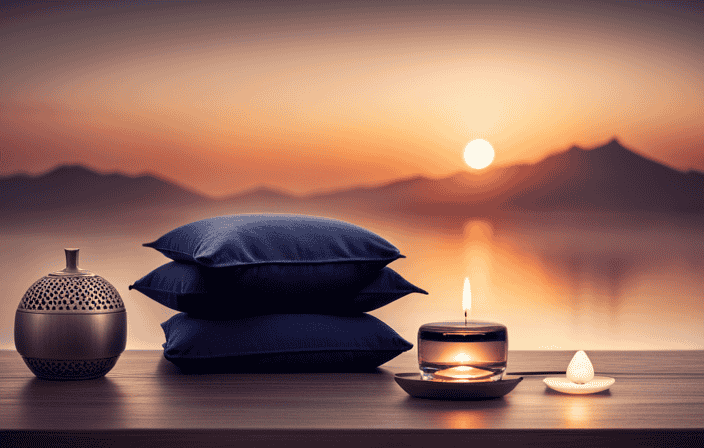 An image showcasing a serene meditation setting, featuring a comfortable cushion, a calming incense holder, a soothing essential oil diffuser, a soft eye mask, and a tranquil sound machine for a complete meditation kit