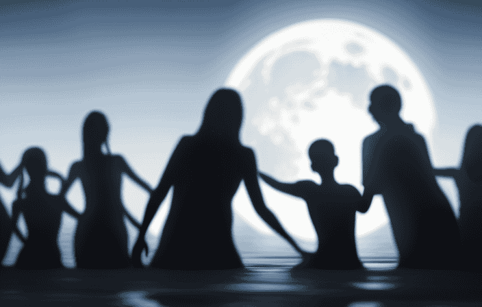 An image capturing the ethereal glow of a full moon reflected on a tranquil lake, surrounded by a circle of silhouetted figures, each reaching out towards the moon with outstretched arms, symbolizing their deep spiritual connection