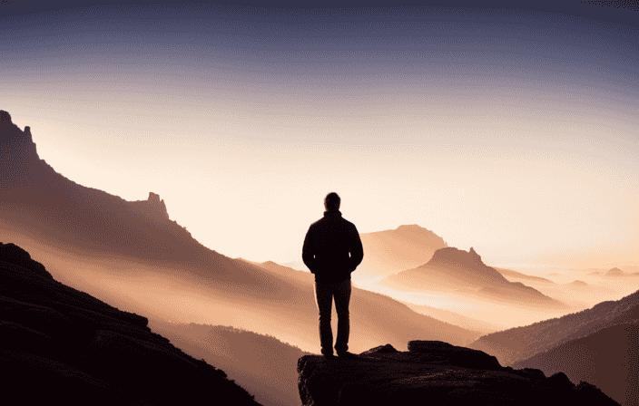 E the essence of spiritual exploration through an image that depicts a solitary figure, bathed in soft golden light, standing on a misty mountaintop, gazing at a vast, star-filled sky
