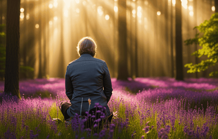 An image of a serene forest clearing bathed in golden sunlight, where a solitary figure sits cross-legged, surrounded by blooming flowers and gentle butterflies, evoking a sense of deep introspection and profound connection with nature