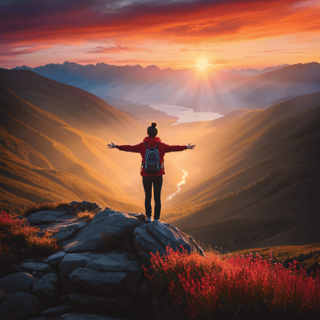 An image that portrays a person standing on a serene mountaintop, surrounded by a vibrant sunset, their hands reaching towards the sky, while a gentle stream flows through their body, symbolizing the healing and balance achieved through exploring the spiritual side of back pain