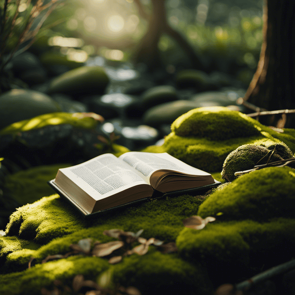 An image featuring an open book gently resting on a moss-covered stone in a tranquil Zen garden