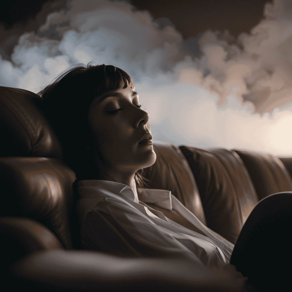 An image depicting a serene, dimly lit room with a person lying on a couch, their eyes closed, surrounded by ethereal, swirling clouds