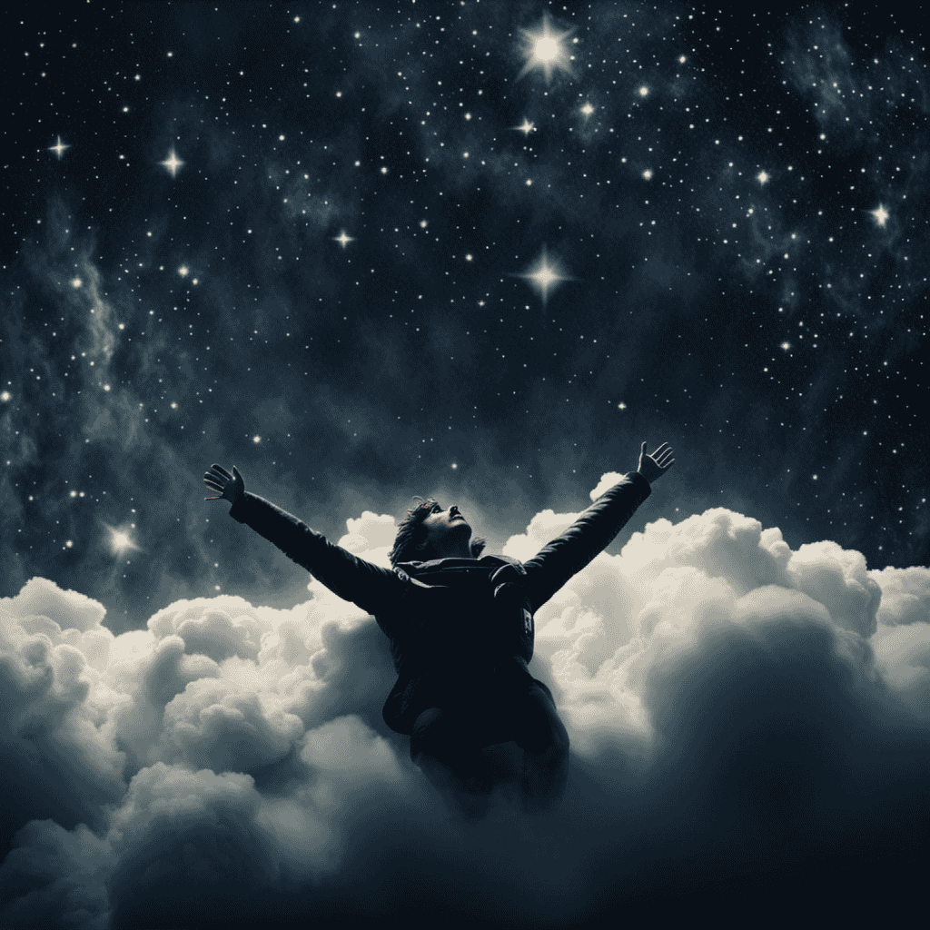 An image of a person falling through a dark, starry sky with their arms outstretched, surrounded by clouds