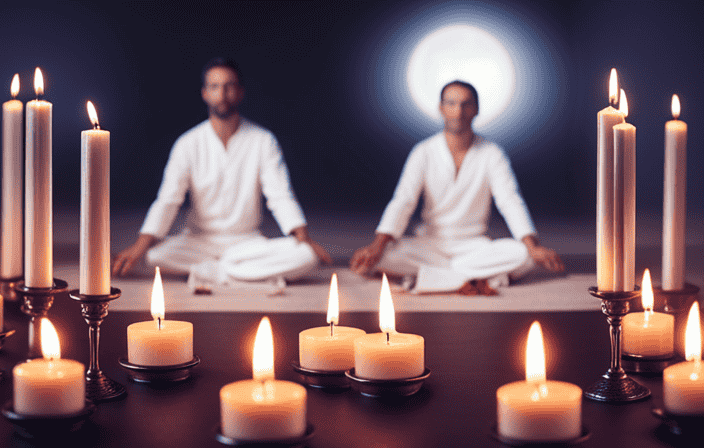 An image capturing the essence of fasting for spiritual breakthrough: a serene, dimly lit room adorned with flickering candles, a meditative figure seated in stillness, surrounded by symbols of different fasting types and the ethereal glow of enlightenment