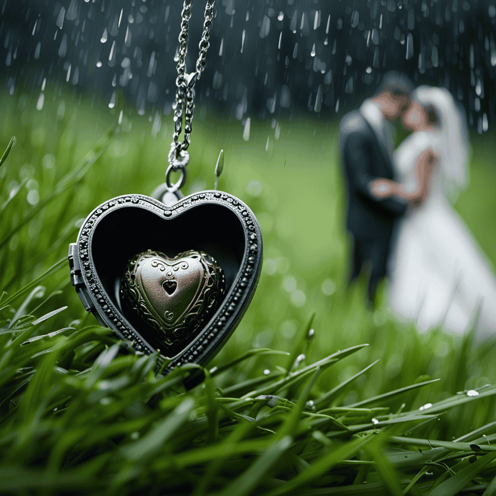 An image showcasing a broken heart-shaped locket lying in the rain-soaked grass, while a blurred figure of a bride and groom walks away in the background, symbolizing the conflicting emotions of fear and desire