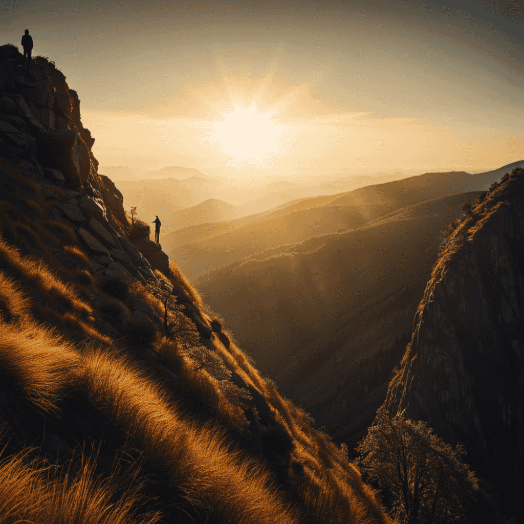 An image of a solitary figure standing at the edge of a steep mountain peak, bathed in golden sunlight