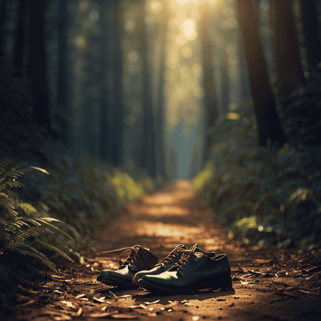 An image that portrays a mysterious forest pathway, with scattered abandoned shoes, each pointing in a different direction