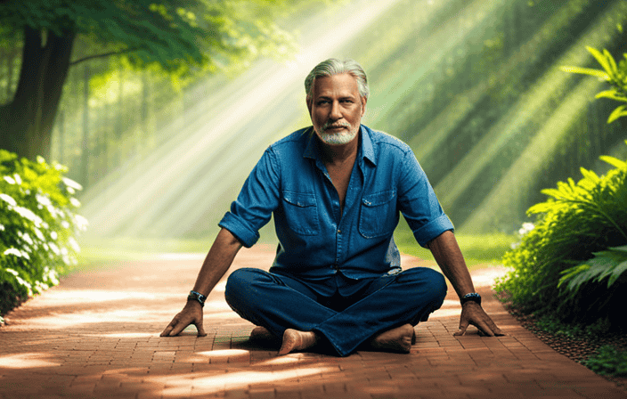 An image that captures the essence of midday meditation, featuring a serene person sitting cross-legged on a sun-drenched patio, surrounded by lush greenery, with rays of sunlight filtering through the leaves