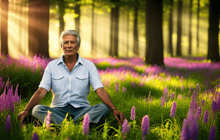 An image of a solitary figure sitting cross-legged in a serene meadow, surrounded by vibrant wildflowers