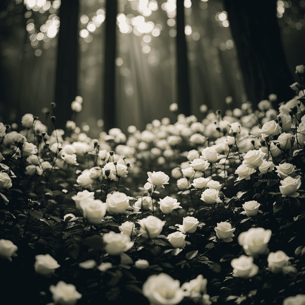 An image capturing the ethereal beauty of a moonlit forest, where delicate petals of white roses gently float through the air, symbolizing the ethereal connection between dreams, death, and the profound sense of loss