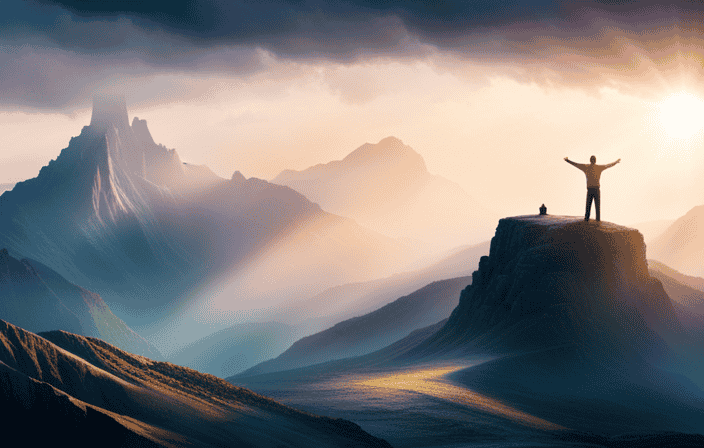 An image that captures the essence of finding spiritual meaning amidst challenges: A solitary figure, bathed in soft golden light, stands atop a mountain peak, arms outstretched, as a storm rages below, symbolizing resilience, growth, and transcendence