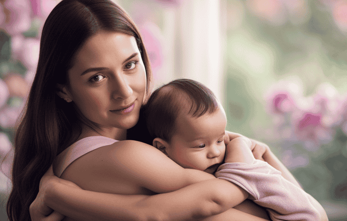 An image of a serene, sunlit room with a mother gently cradling her newborn in her arms, surrounded by soft pastel colors, blooming flowers, and a faint glow emanating from within