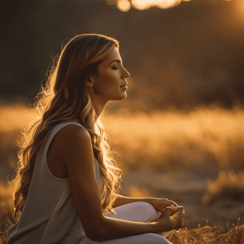 An image showcasing a serene sunrise or sunset scene, with soft golden hues illuminating a tranquil outdoor setting where an individual peacefully meditates, highlighting the importance of finding the perfect time for optimal well-being