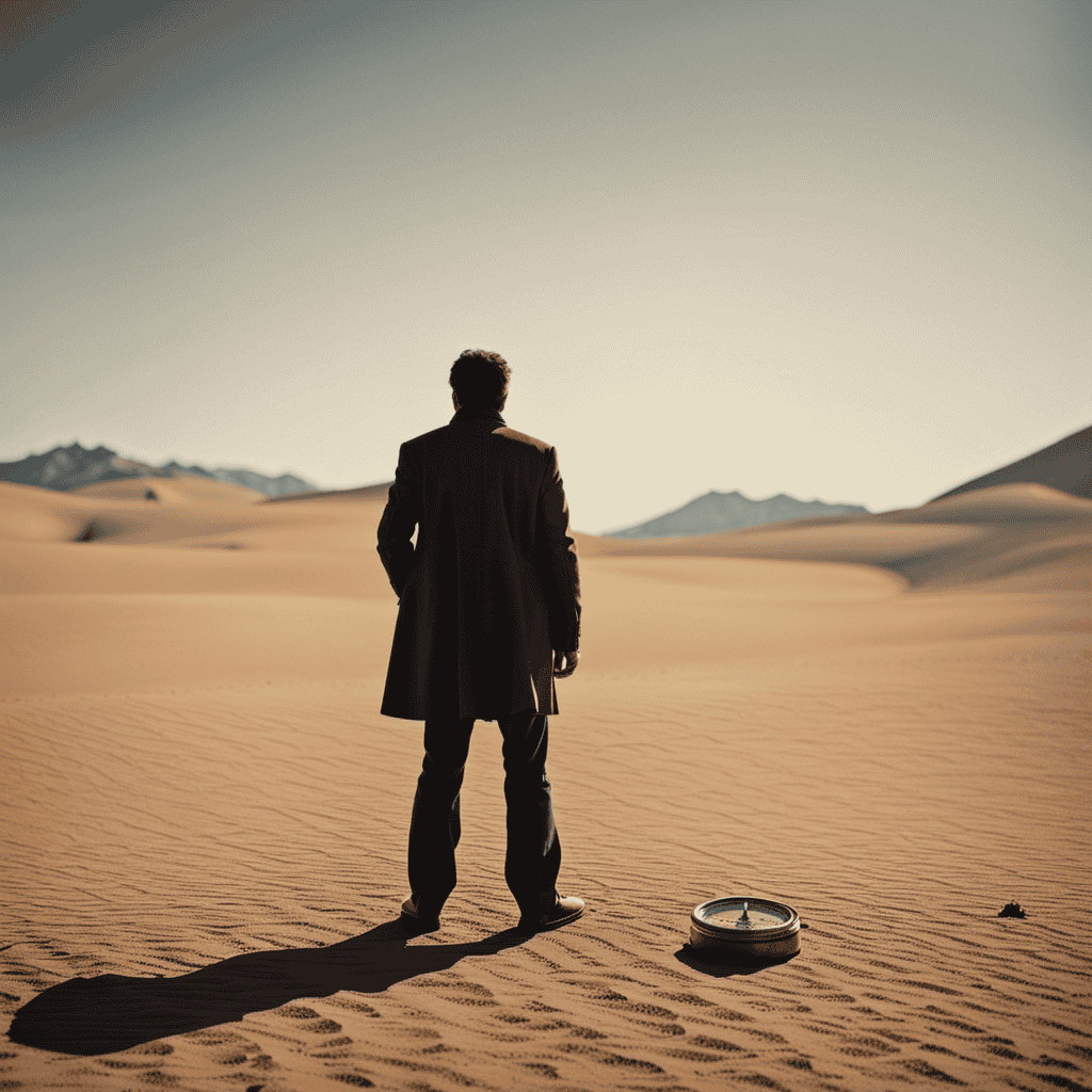 An image showcasing a lone figure standing at the edge of a vast, desolate desert with a broken compass in hand, encapsulating the essence of frustration and disappointment in the pursuit of unattainable dreams