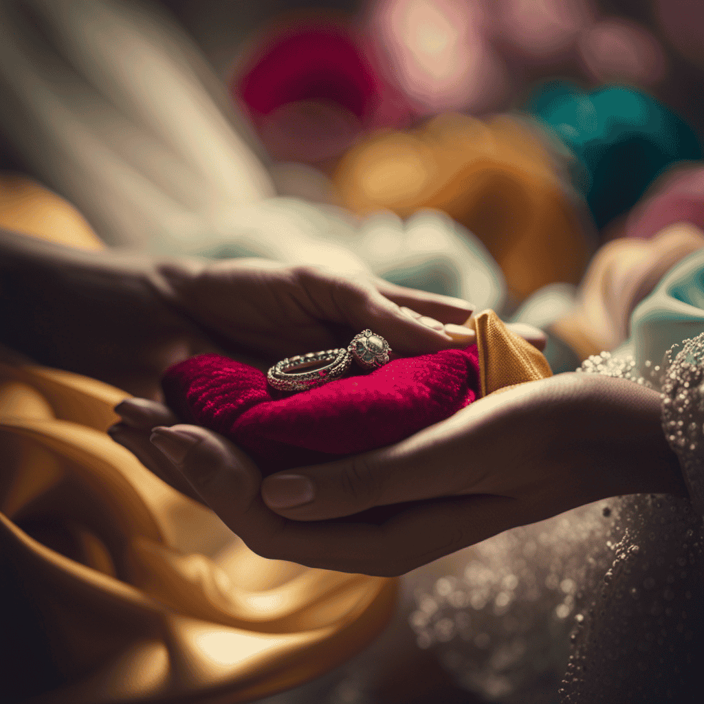 An image where dreamy, ethereal hands are seen delicately offering a vibrant array of clothing items to a figure in need, symbolizing the profound impact of generosity and the transformative power of giving clothes