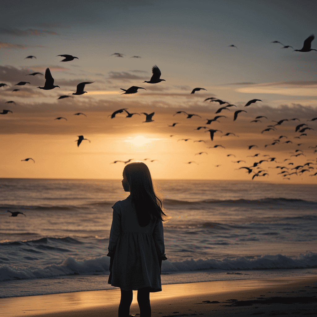 An image of a girl standing alone on a beach at sunset, looking out at the ocean with a wistful expression