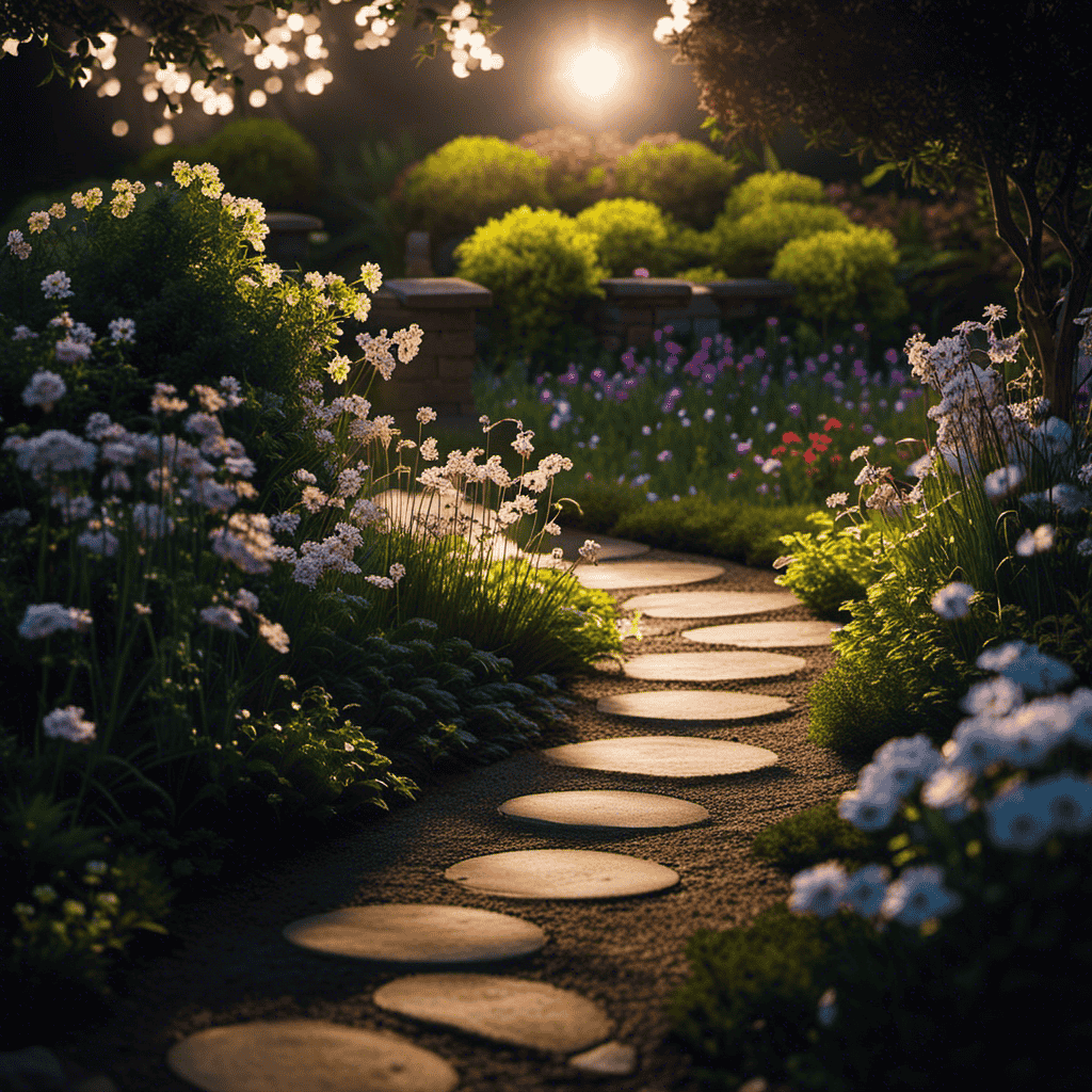 An image of a peaceful moonlit garden, adorned with delicate flowers and a softly glowing pathway