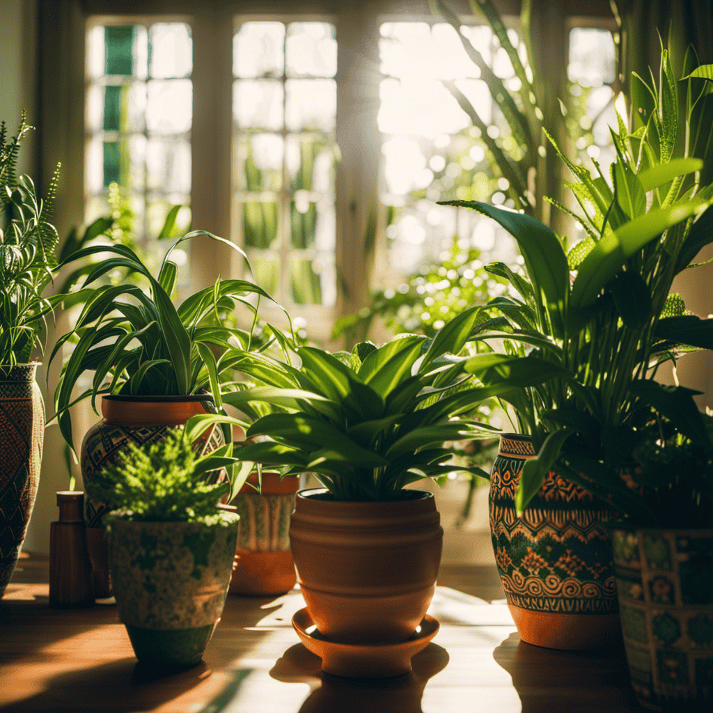 An image showcasing a vibrant, sunlit room with lush green plants thriving in various sizes of beautifully patterned pots