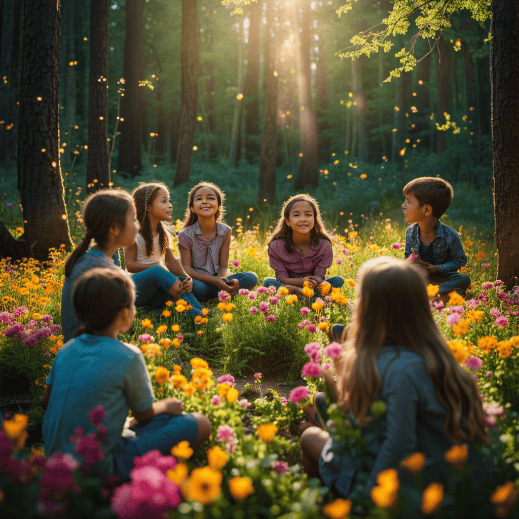 An image showcasing a serene forest clearing with a group of children, eyes closed, sitting peacefully in a circle, surrounded by vibrant flowers, birds chirping, and gentle sunlight streaming through the trees