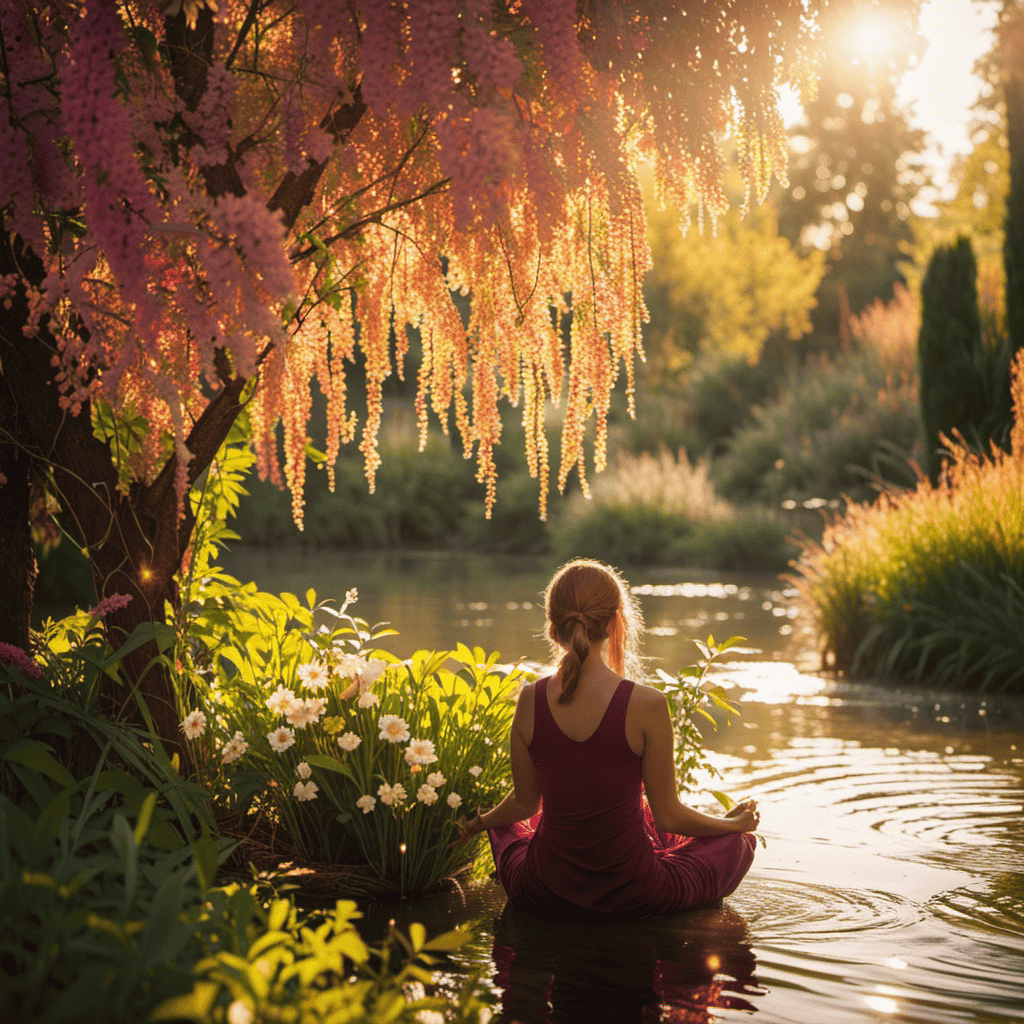 An image showcasing a serene, sun-drenched garden with vibrant flowers blooming amidst a babbling brook