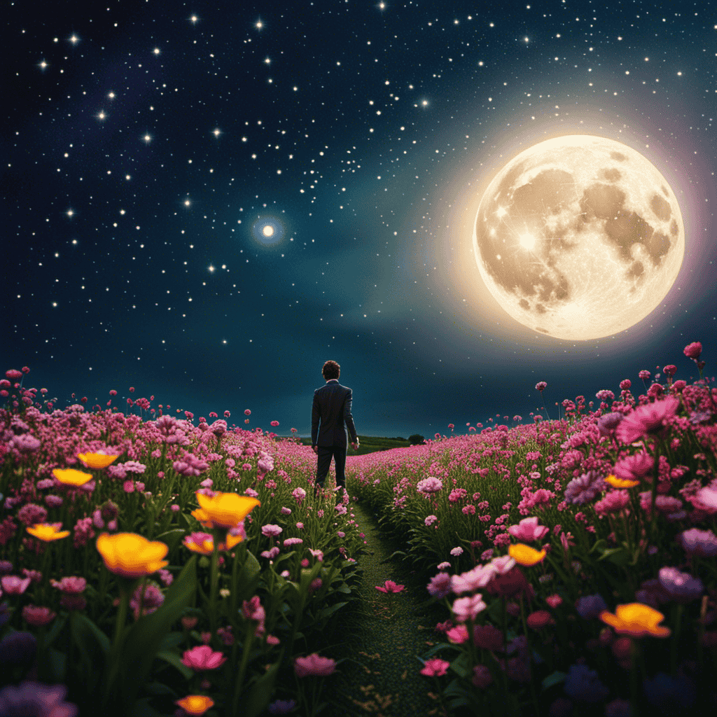 An image of a person standing in a field of blooming flowers, staring up at a sky filled with shooting stars and a bright full moon