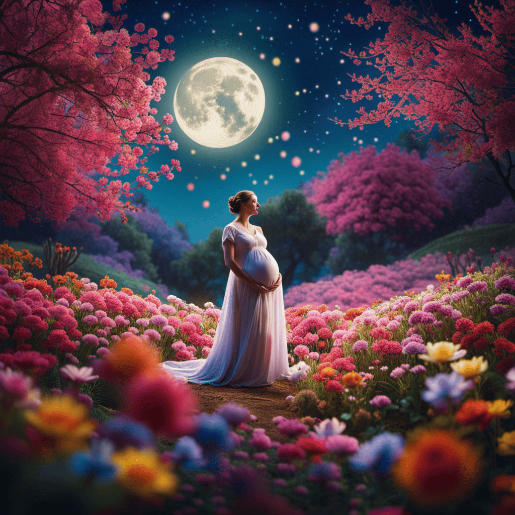 An image that captures the ethereal essence of pregnancy dreams, depicting a serene, moonlit landscape adorned with vibrant blossoms and whimsical creatures, where a pregnant woman floats, surrounded by a kaleidoscope of vibrant, surreal dreams