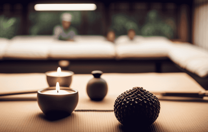 An image showcasing a serene Japanese massage room, adorned with soft, earth-toned décor