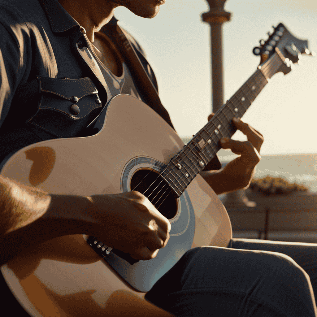 An image of a guitarist's hands strumming the chords to "Hey Now Hey Now"on a sunlit patio, with a view of the ocean in the background