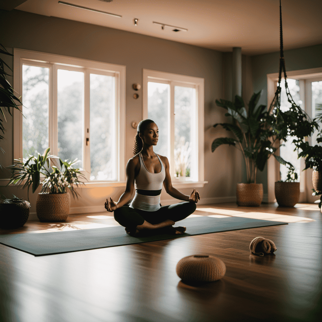An image showcasing a serene yoga studio, bathed in soft natural light, where individuals engage in various yoga poses, surrounded by soothing elements like plants, incense, and calming music