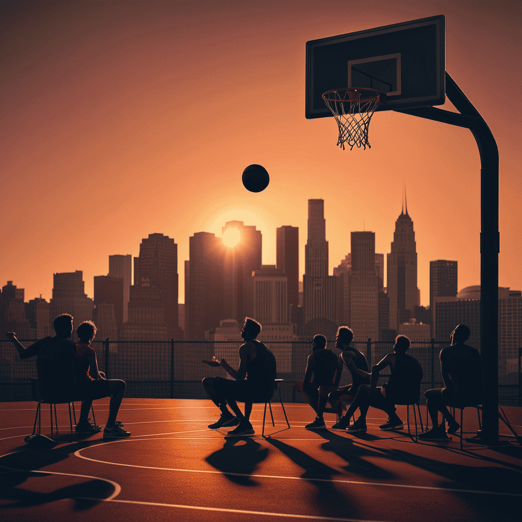 An image of a basketball hoop with a faded city skyline in the background, illuminated by the orange glow of a sunset