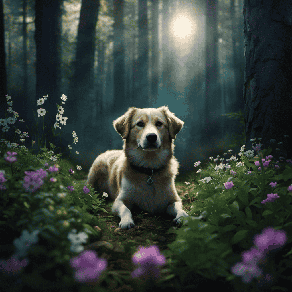 An image of a serene, moonlit forest clearing where a lone dog with wounded paws rests, surrounded by blooming healing herbs