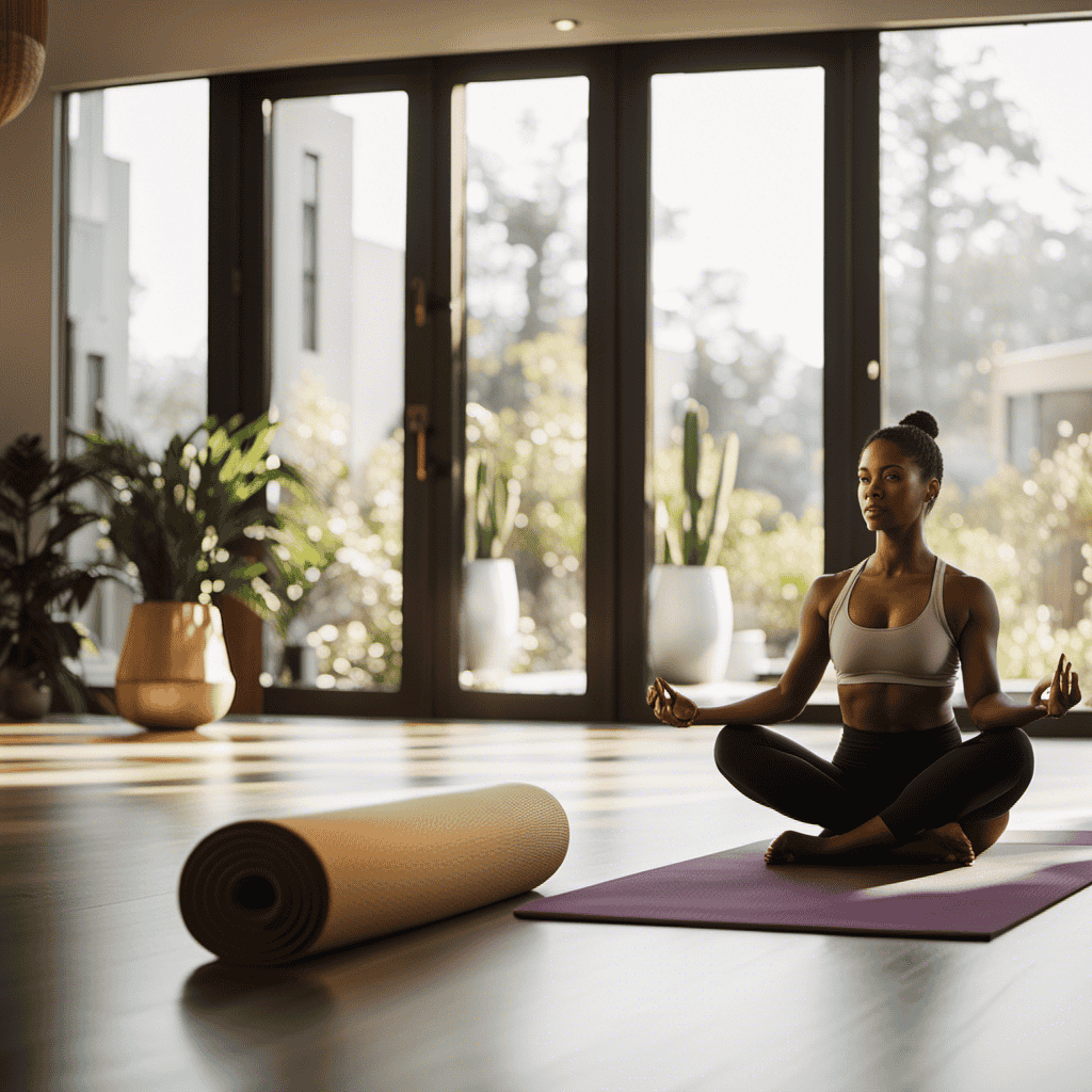 An image that showcases a serene yoga studio, with soft natural light filtering through floor-to-ceiling windows