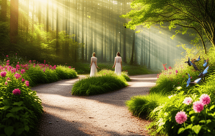 An image depicting a serene, luminous pathway leading through a dense forest, gradually transforming into a vibrant garden