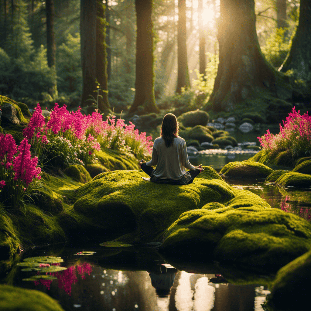 An image of a serene, secluded forest clearing bathed in soft sunlight, where a meditator sits cross-legged on a moss-covered rock, surrounded by vibrant flowers, while gentle ripples form on a tranquil pond