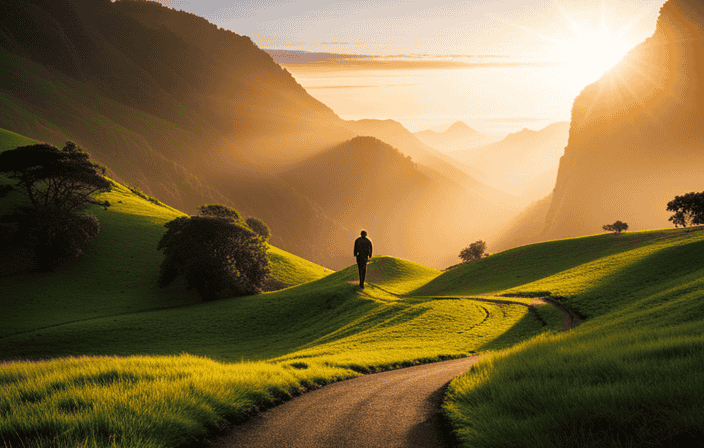An image capturing a solitary figure navigating a winding path towards a radiant sunrise, surrounded by lush, vibrant nature