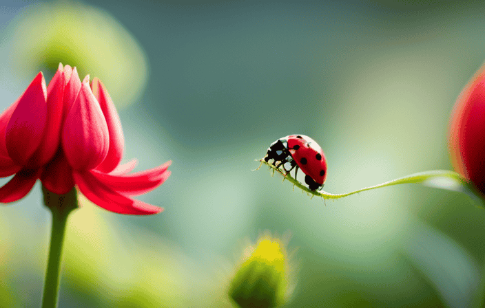 An image showcasing a vibrant garden scene, where a delicate ladybug, adorned with intricate black spots on its radiant red wings, alights on a blooming flower, embodying the spiritual significance of luck, protection, and divine intervention