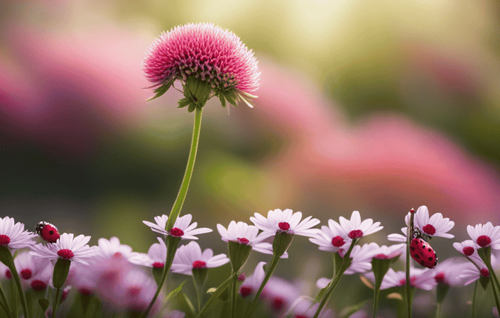 An image showcasing a serene garden scene, with vibrant flowers in full bloom