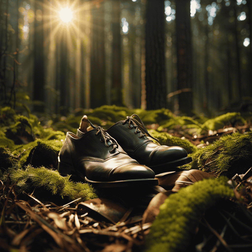 An image showcasing a solitary, worn-out shoe lying abandoned amidst a dense forest, with sunlight filtering through the canopy, evoking a sense of mystery and inviting reflection on the symbolic significance of lost shoes in spiritual quests