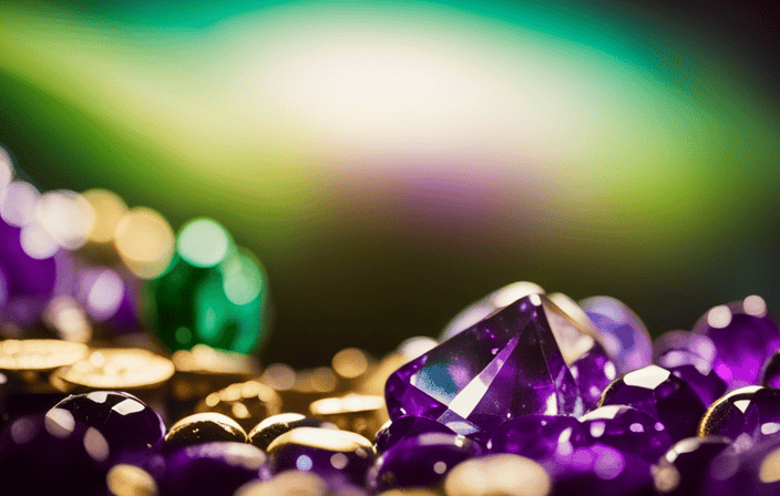 An image showcasing a vibrant display of auspicious Feng Shui crystals, shimmering in various shades of green, gold, and purple, radiating positive energy and attracting good fortune and abundance