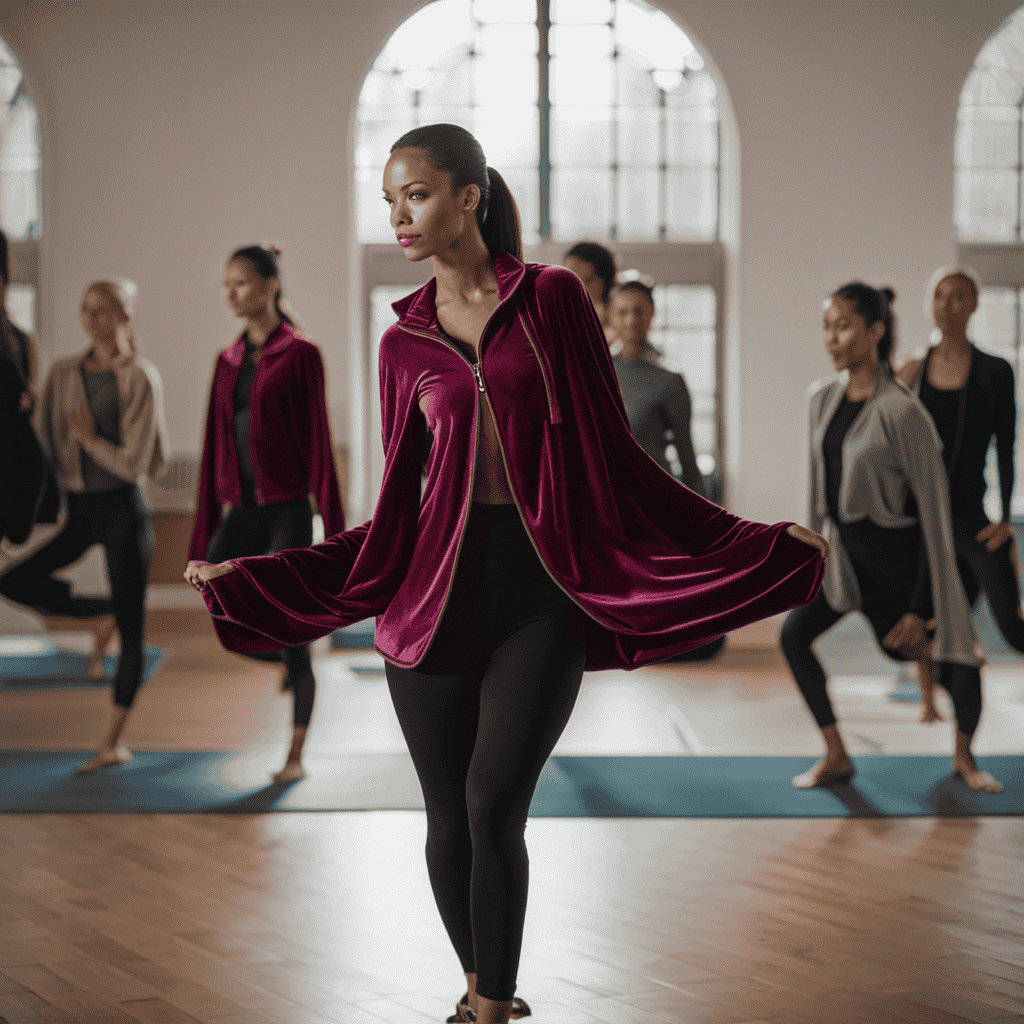 An image showcasing a woman wearing the Luxe Velvet Full-Zip Yoga Jacket in a serene yoga studio