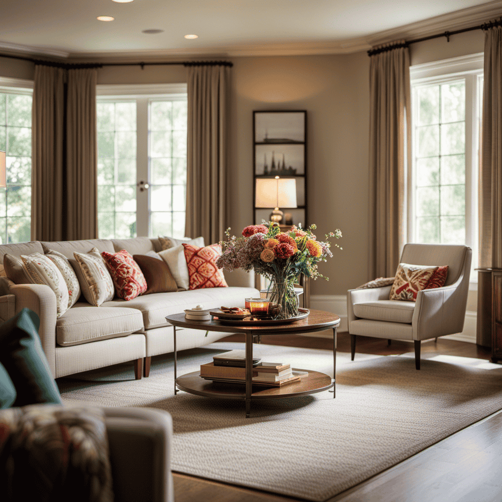 An image showcasing a serene living room with soft natural light streaming in through large windows, adorned with cozy furniture, family photographs, and vibrant flowers; symbolizing a stress-free transition to assisted living, involving loved ones, celebrating change, and conquering obstacles