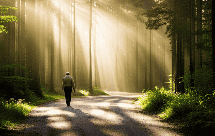 An image of a serene, sunlit forest path, where a middle-aged person stands at a crossroad, contemplating their choices