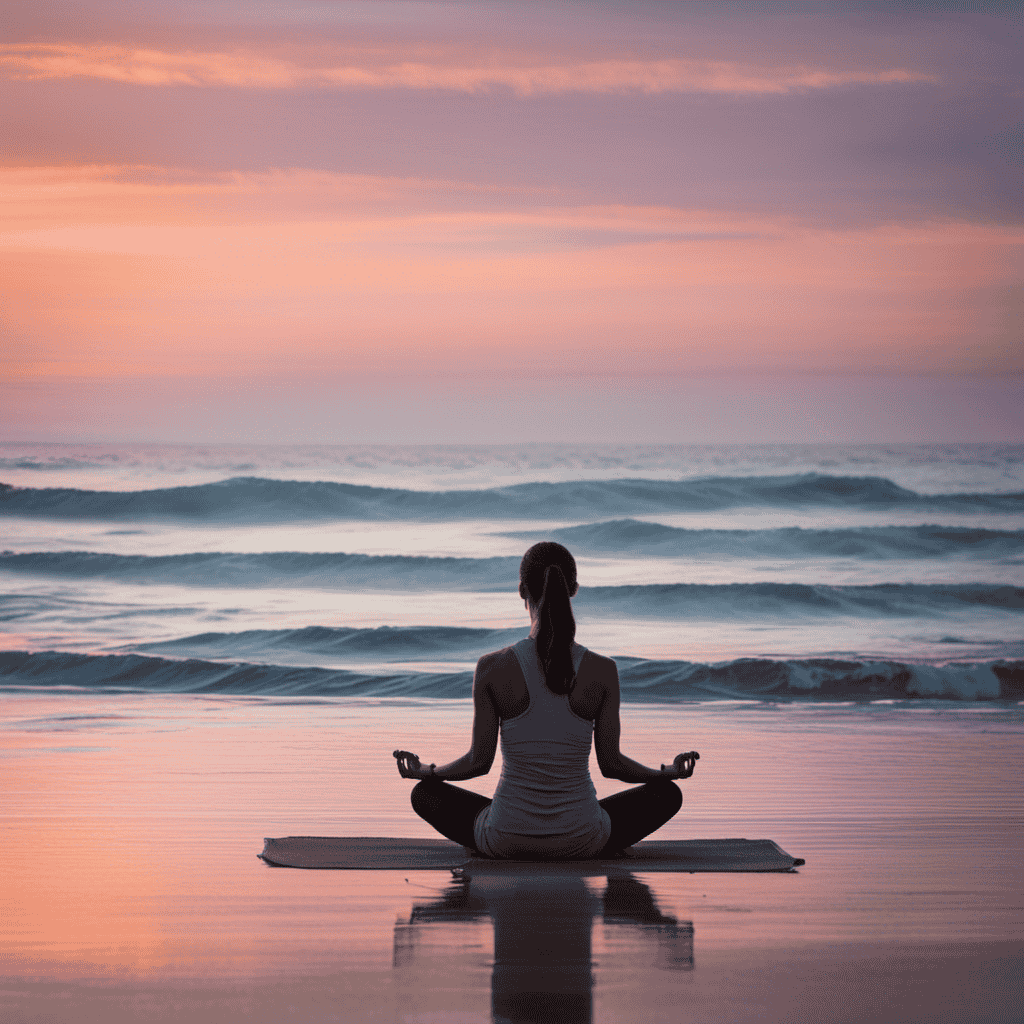 An image of a serene beach scene at sunset, with a solitary figure practicing yoga on the shore