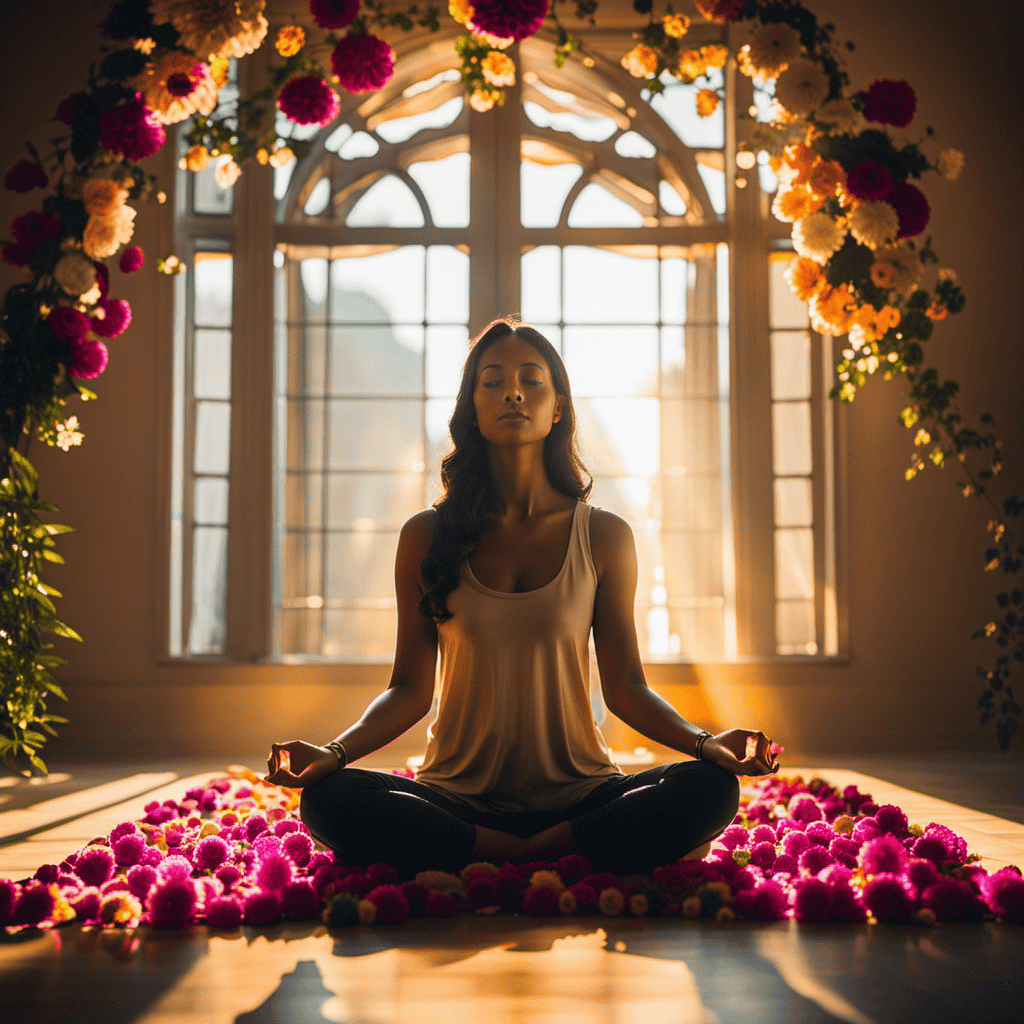 An image featuring a serene woman meditating in a sunlit room adorned with vibrant flowers, as golden rays of light pour through the window, surrounding her in an aura of love and tranquility