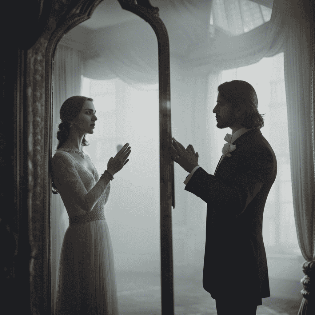 An image of a couple standing on opposite sides of a foggy mirror, their hands reaching out to touch each other's reflections, symbolizing the mysterious connection and hidden desires that surface when marrying a stranger