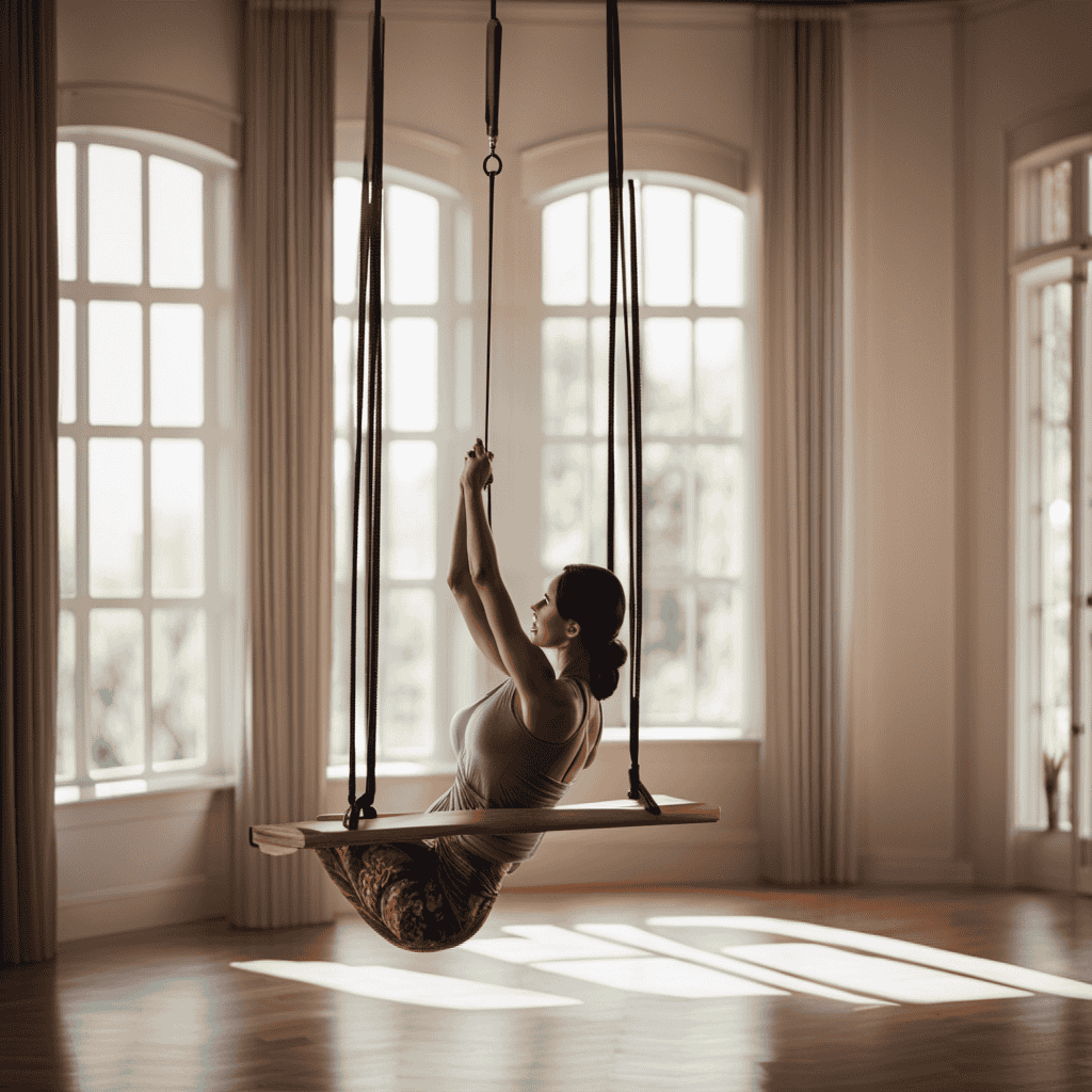 An image depicting a serene setting with a sturdy ceiling hook, perfectly aligned and anchored, supporting a vibrant yoga swing