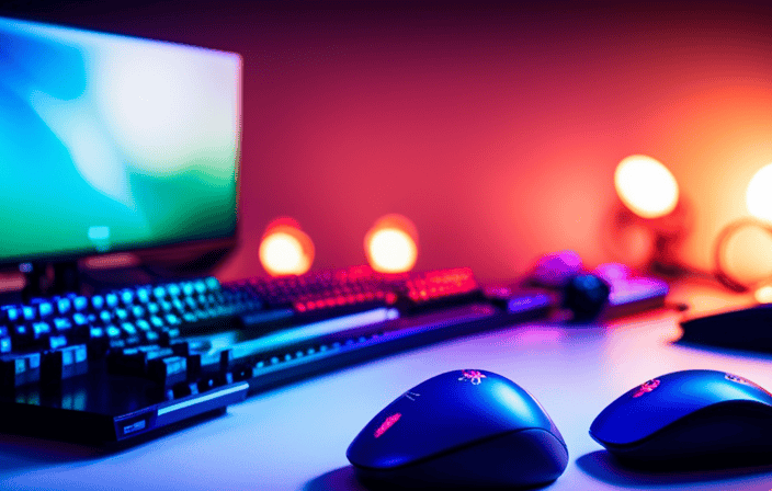 An image showcasing a variety of meticulously synchronized RGB devices, like gaming keyboards, mice, and case fans, illuminated in vibrant hues